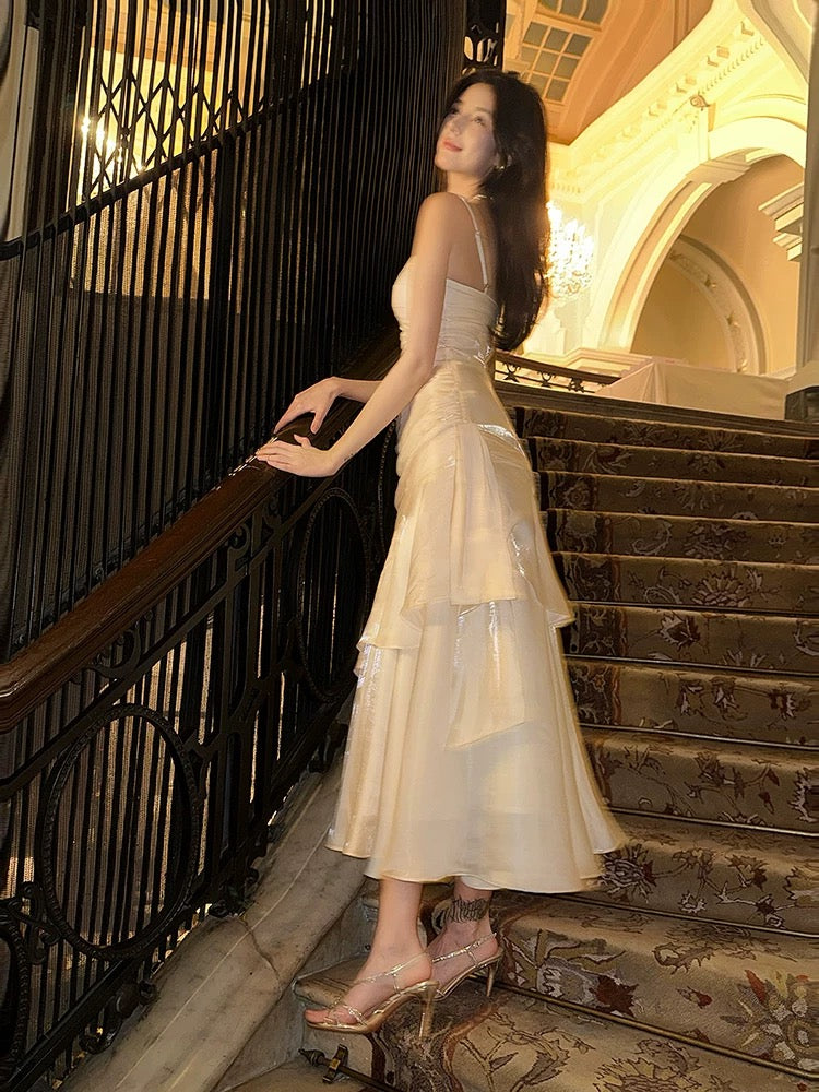 Elegant Mermaid Spaghetti Strap White Sleeveless Date Night Outfit Outdoor Semi Formal Wedding Guest Dresses RB5030