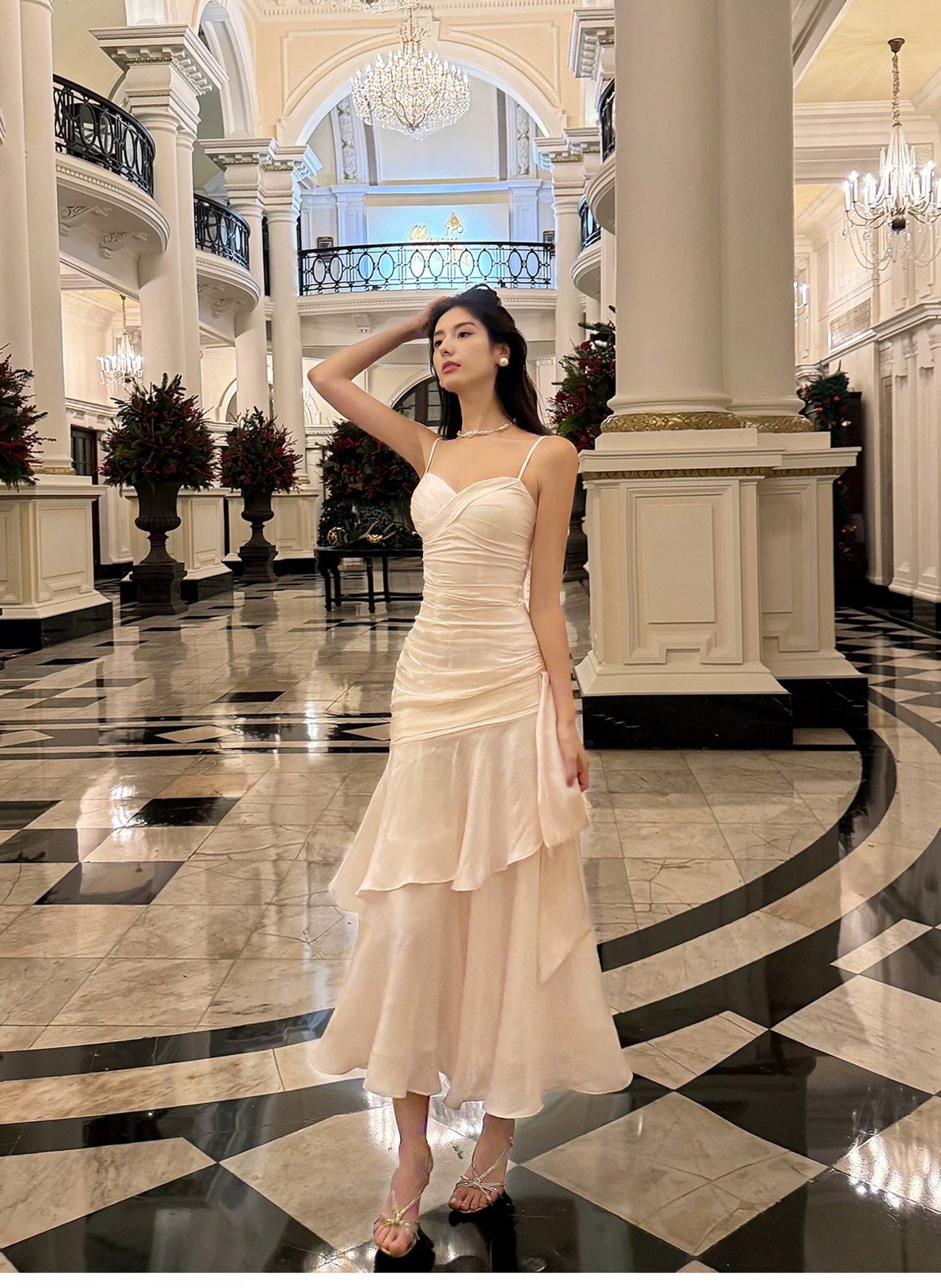 Elegant Mermaid Spaghetti Strap White Sleeveless Ruffled Date Night Outfit Outdoor Semi Formal Long Wedding Guest Dresses RB5031