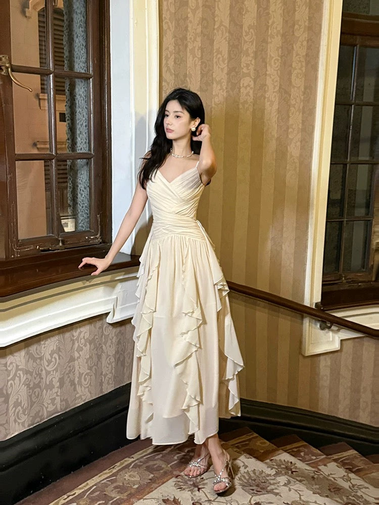 Elegant A Line Spaghetti Strap Chiffon Ruffled Full-hem Maxi Semi Formal Garden Date Night Outfit Wedding Guest Dresses RB5026