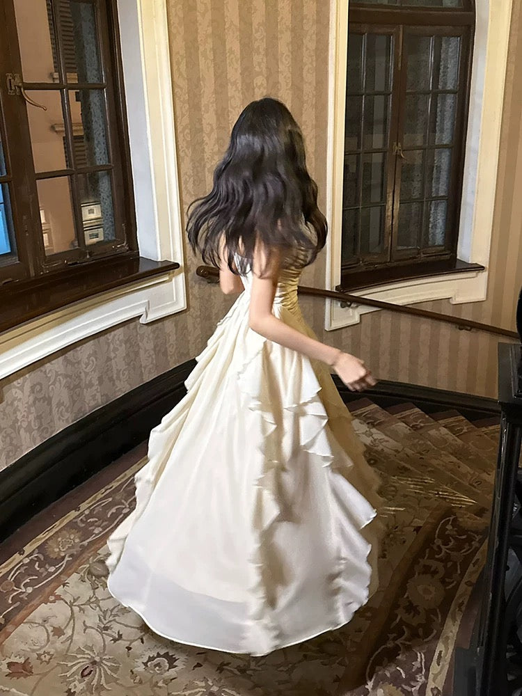Elegant A Line Spaghetti Strap Chiffon Ruffled Full-hem Maxi Semi Formal Garden Date Night Outfit Wedding Guest Dresses RB5026