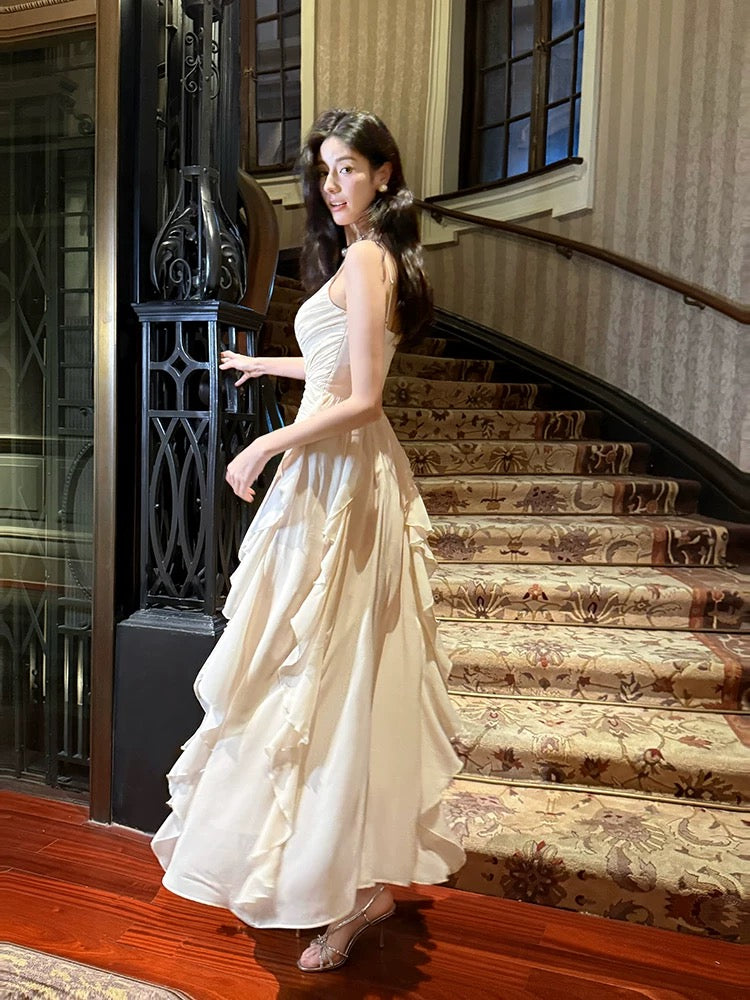 Elegant A Line Spaghetti Strap Chiffon Ruffled Full-hem Maxi Semi Formal Garden Date Night Outfit Wedding Guest Dresses RB5026