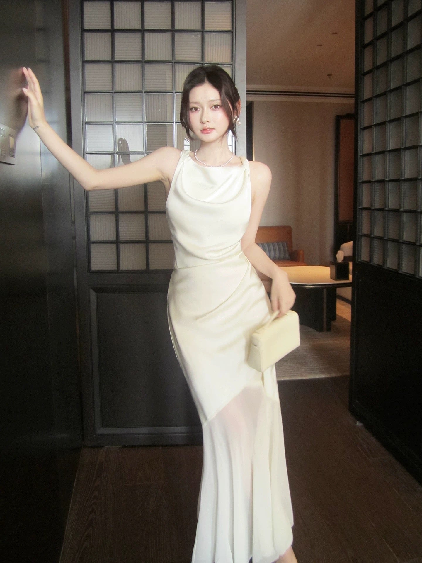 Elegant Mermaid Scoop White Satin With Ruffled Full-hem Maxi Semi Formal Garden Date Night Outfit Wedding Guest Dresses RB5027