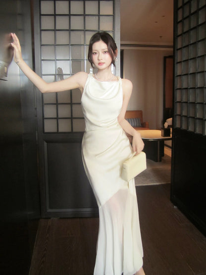 Elegant Mermaid Scoop White Satin With Ruffled Full-hem Maxi Semi Formal Garden Date Night Outfit Wedding Guest Dresses RB5027