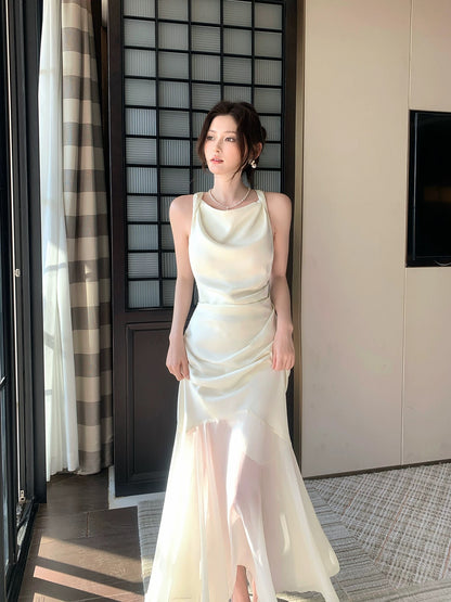 Elegant Mermaid Scoop White Satin With Ruffled Full-hem Maxi Semi Formal Garden Date Night Outfit Wedding Guest Dresses RB5027