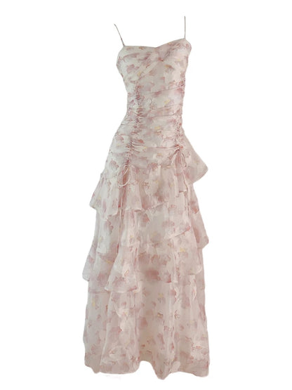 Modest Mermaid Spaghetti Strap Pink Floral Chiffon Sleeveless Outdoor Semi Formal Summer Garden Beach Event Outfits Wedding Guest Dresses RB4984