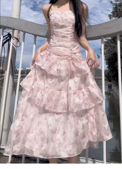 Modest Mermaid Spaghetti Strap Pink Floral Chiffon Sleeveless Outdoor Semi Formal Summer Garden Beach Event Outfits Wedding Guest Dresses RB4984