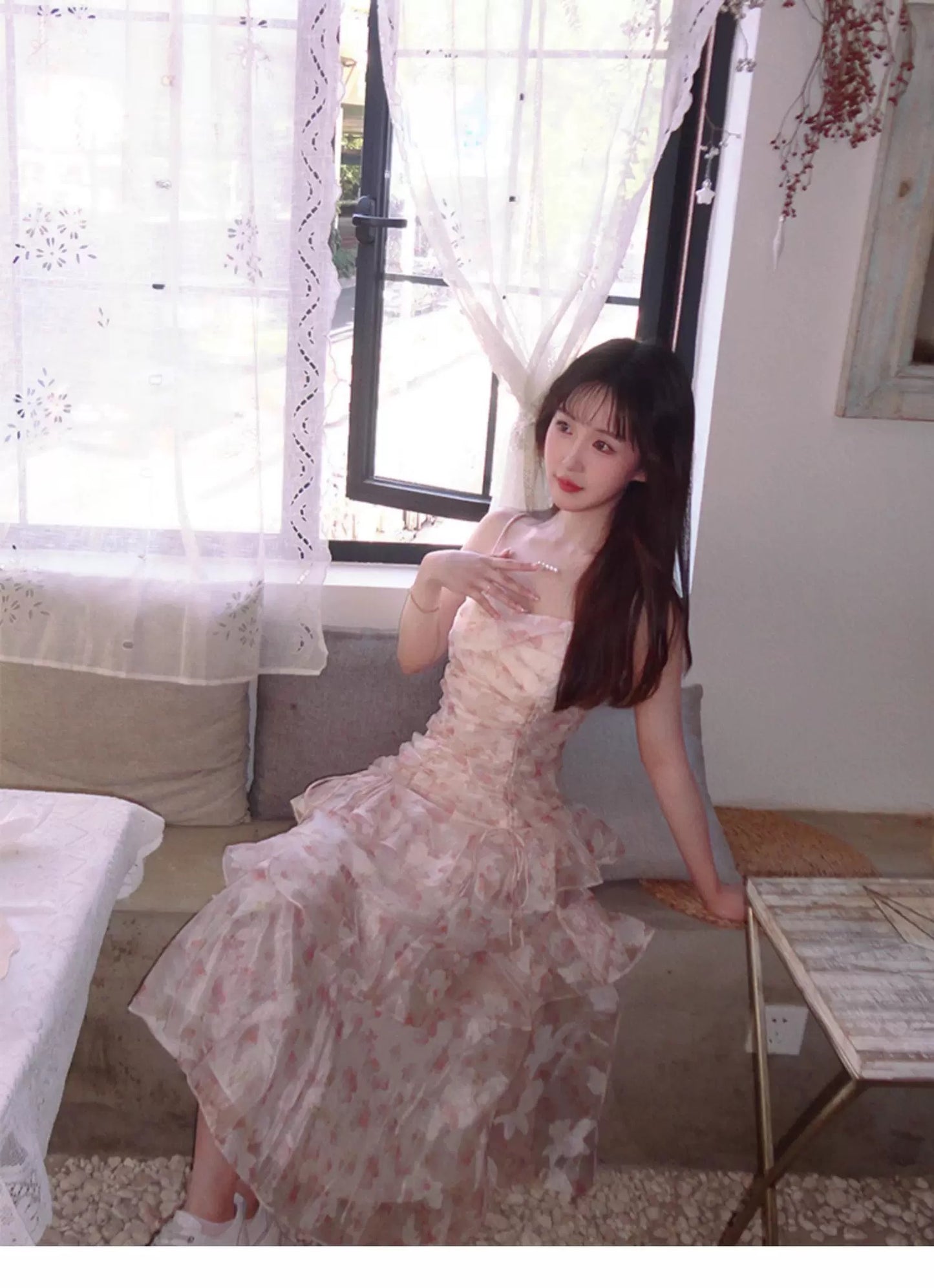 Modest Mermaid Spaghetti Strap Pink Floral Chiffon Sleeveless Outdoor Semi Formal Summer Garden Beach Event Outfits Wedding Guest Dresses RB4984