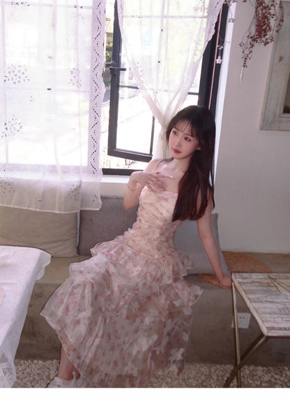 Modest Mermaid Spaghetti Strap Pink Floral Chiffon Sleeveless Outdoor Semi Formal Summer Garden Beach Event Outfits Wedding Guest Dresses RB4984