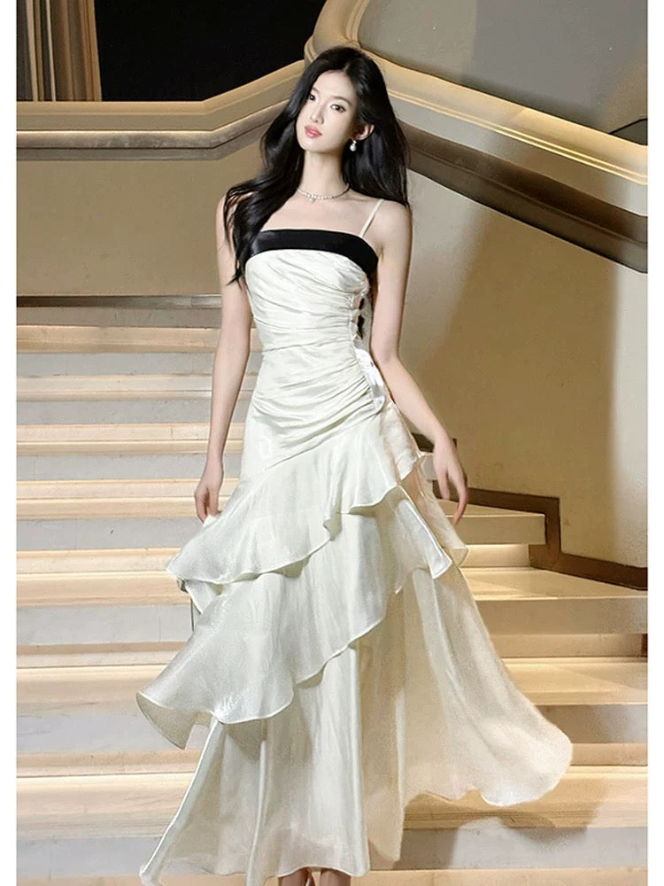 Modest Mermaid Spaghetti Strap White Chiffon Sleeveless Outdoor Semi Formal Summer Garden Beach Event Outfits Wedding Guest Dresses RB4987