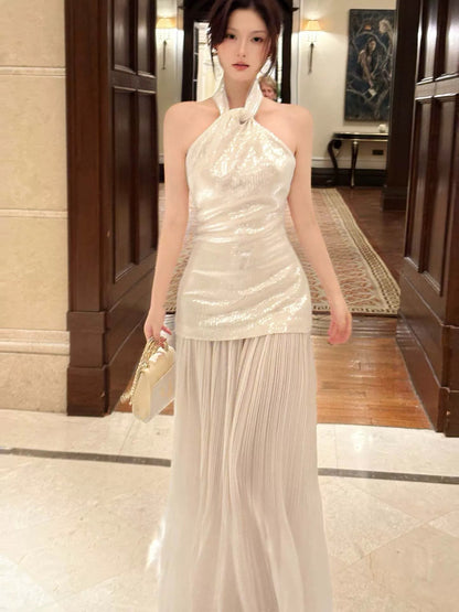 Elegant Mermaid Halter Sequin Waist-cinching Full-hem Maxi Dress Semi Formal Garden Beach Event Outfits Wedding Guest Dresses RB4988