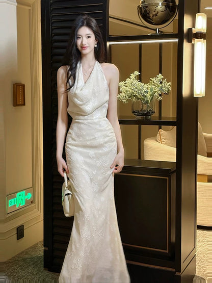 Elegant Mermaid Halter Lace Sleeveless Waist-cinching Full-hem Maxi Dress Semi Formal Garden Beach Event Outfits Wedding Guest Dresses RB4989