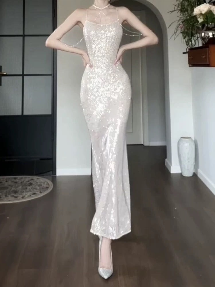 Sparkly Mermaid Spaghetti Strap Sequin Sleeveless Outdoor Semi Formal Summer Garden Beach Event Outfits Wedding Guest Dresses RB4990