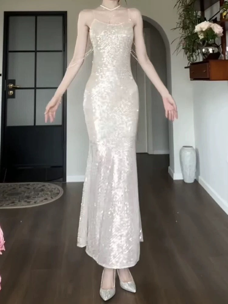 Sparkly Mermaid Spaghetti Strap Sequin Sleeveless Outdoor Semi Formal Summer Garden Beach Event Outfits Wedding Guest Dresses RB4990