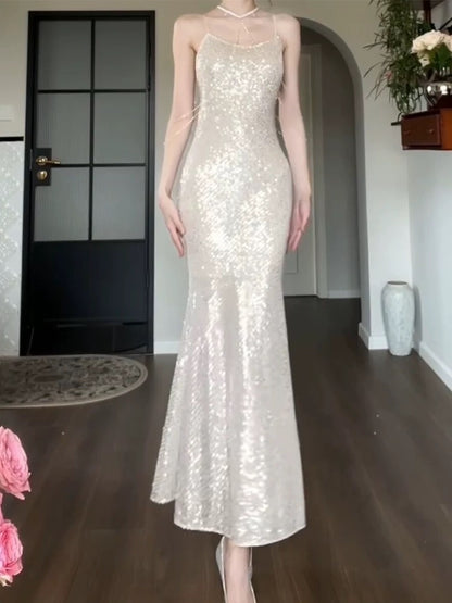 Sparkly Mermaid Spaghetti Strap Sequin Sleeveless Outdoor Semi Formal Summer Garden Beach Event Outfits Wedding Guest Dresses RB4990