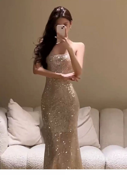 Glitter Mermaid Spaghetti Strap Sequin Sleeveless Outdoor Semi Formal Summer Garden Beach Event Outfits Wedding Guest Dresses RB4991