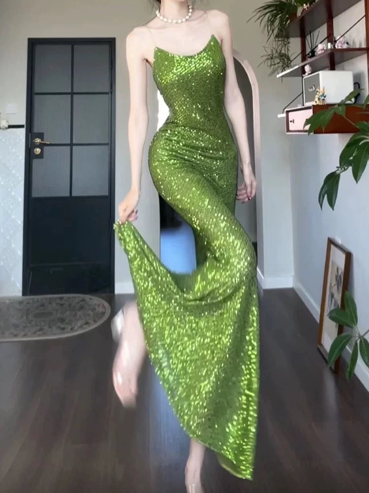 Glitter Mermaid Spaghetti Strap Sequin Green Sleeveless Outdoor Semi Formal Summer Garden Beach Event Outfits Wedding Guest Dresses RB4992