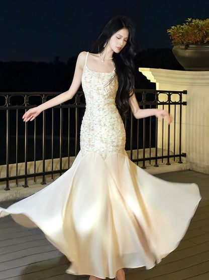Artistic Mermaid Spaghetti Strap Lace Outdoor Semi Formal Summer Midi Garden Beach Event Outfits Wedding Guest Dresses RB4994