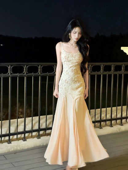 Artistic Mermaid Spaghetti Strap Lace Outdoor Semi Formal Summer Midi Garden Beach Event Outfits Wedding Guest Dresses RB4994