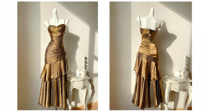 Sexy Mermaid Spaghetti Strap Brown Sleeveless Outdoor Semi Formal Summer Garden Beach Event Outfits Wedding Guest Dresses RB4994