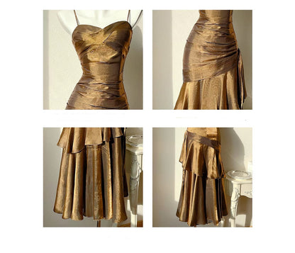Sexy Mermaid Spaghetti Strap Brown Sleeveless Outdoor Semi Formal Summer Garden Beach Event Outfits Wedding Guest Dresses RB4994
