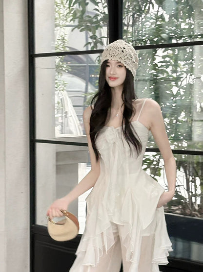 Elegant A line Spaghetti Strap White Chiffon Waist-cinching Full-hem Maxi Dress Semi Formal Garden Beach Event Outfits Wedding Guest Dresses RB4996