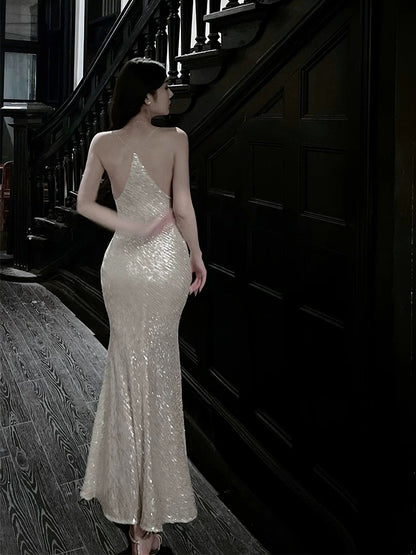 Elegant Mermaid Spaghetti Strap Sequin Full-hem Maxi Dress Semi Formal Garden Beach Event Outfits Wedding Guest Dresses RB4999