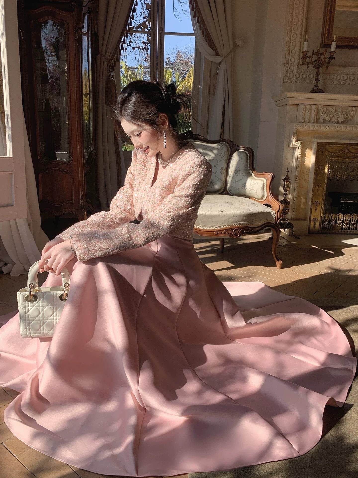 Artistic A Line Square Neck Pink Satin Midi Length Outdoor Semi Formal Summer Garden Beach Event Outfits Wedding Guest Dresses RB5000