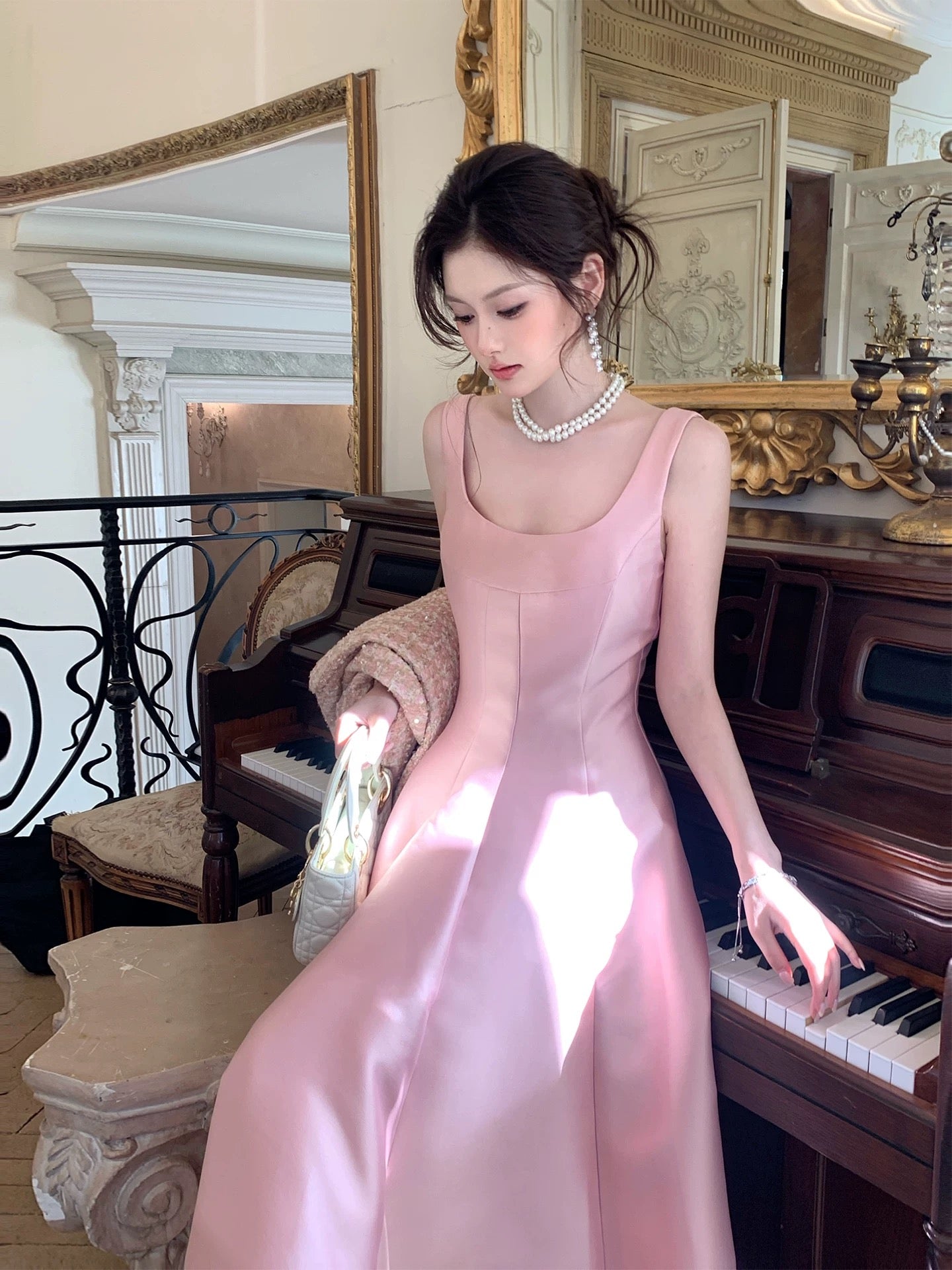 Artistic A Line Square Neck Pink Satin Midi Length Outdoor Semi Formal Summer Garden Beach Event Outfits Wedding Guest Dresses RB5000