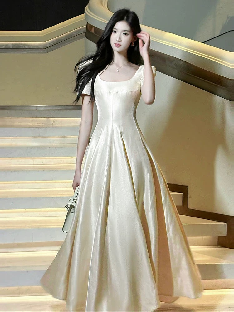 Artistic A Line Square Neck With Short Sleeves Satin Outdoor Semi Formal Summer Garden Beach Event Outfits Wedding Guest Dresses RB5004