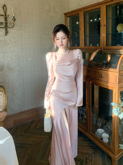 Timeless Mermaid Square Neck Pink With Long Sleeves Outdoor Semi Formal Summer Garden Beach Event Outfits Wedding Guest Dresses RB5005
