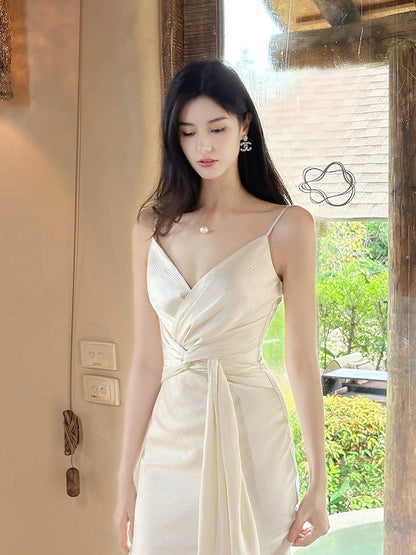 Elegant Mermaid Spaghetti Strap White Satin Full-hem Maxi Dress Semi Formal Garden Event Outfits Wedding Guest Dresses RB5011