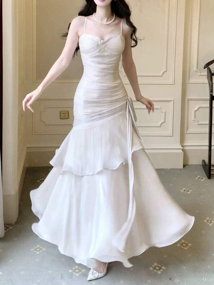 Timeless Mermaid Spaghetti Strap White With Ruffled Chiffon Outdoor Semi Formal Garden Beach Event Outfits Wedding Guest Dresses RB5014