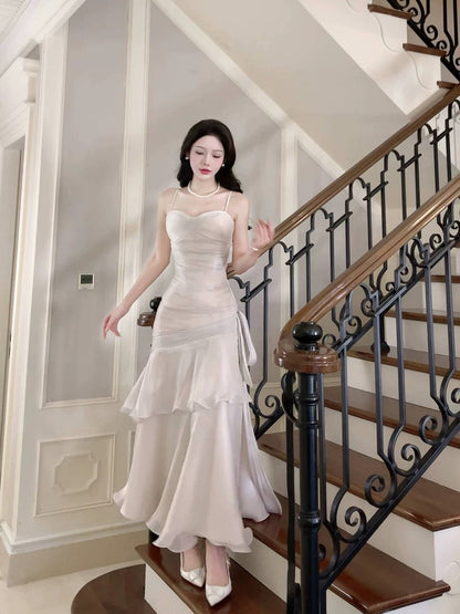 Timeless Mermaid Spaghetti Strap White With Ruffled Chiffon Outdoor Semi Formal Garden Beach Event Outfits Wedding Guest Dresses RB5014