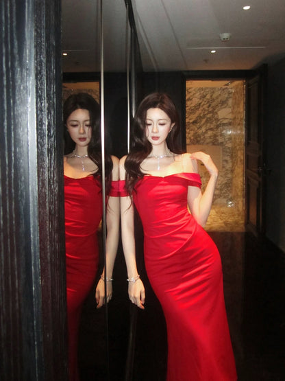 Artistic Mermaid Off The Shoulder Red With Cap Sleeves Satin Red Outdoor Semi Formal Summer Garden Beach Event Outfits Wedding Guest Dresses RB5013