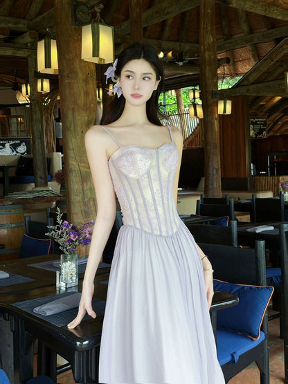 Elegant A line Spaghetti Strap Lilac Chiffon Sleeveless Date Night Outfit Outdoor Semi Formal Long Wedding Guest Dresses RB5032
