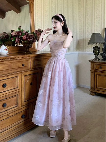 Cute A line Strapless Pink Chiffon Sleeveless Date Night Outfit Outdoor Semi Formal Long Wedding Guest Dresses RB5034