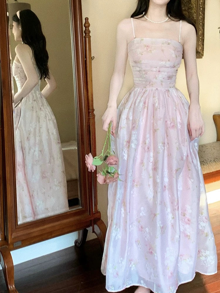 Cute A line Strapless Pink Chiffon Sleeveless Date Night Outfit Outdoor Semi Formal Long Wedding Guest Dresses RB5034