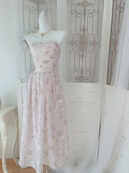 Cute A line Strapless Pink Chiffon Sleeveless Date Night Outfit Outdoor Semi Formal Long Wedding Guest Dresses RB5034