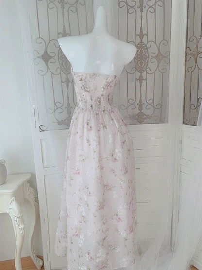 Cute A line Strapless Pink Chiffon Sleeveless Date Night Outfit Outdoor Semi Formal Long Wedding Guest Dresses RB5034