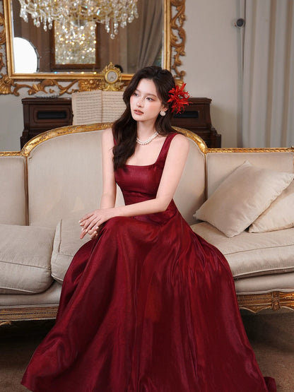 Elegant A line Square Neck Burgundy With Bow Full-hem Maxi Semi Formal Garden Date Night Outfit Wedding Guest Dresses RB5035