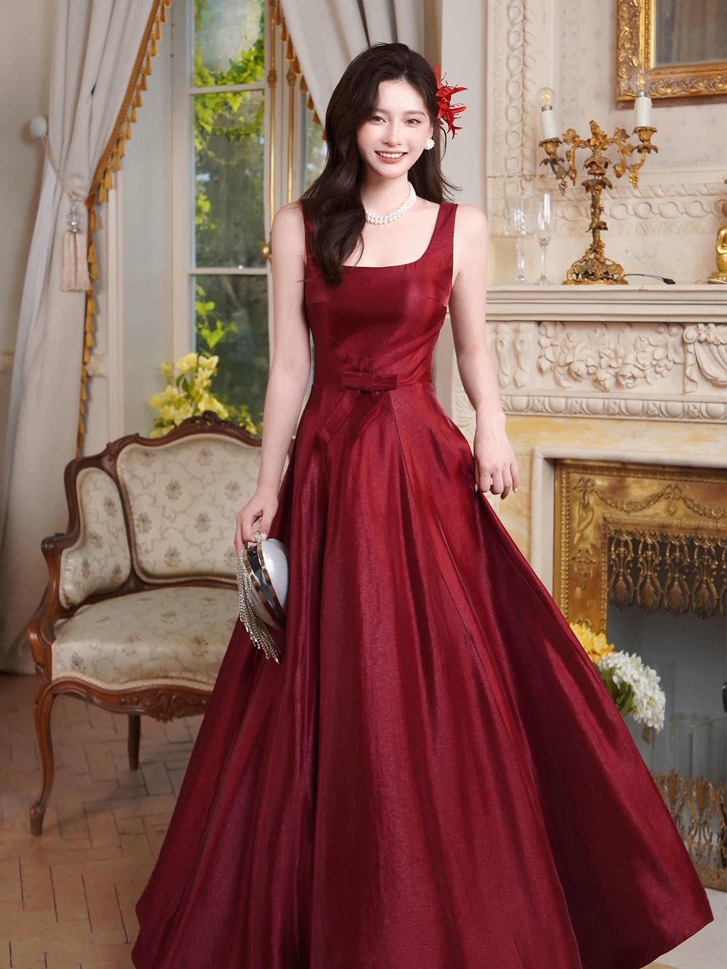 Elegant A line Square Neck Burgundy With Bow Full-hem Maxi Semi Formal Garden Date Night Outfit Wedding Guest Dresses RB5035