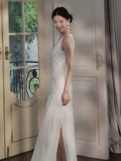 Sexy Sheath Scoop White Chiffon Sleeveless Date Night Outfit Outdoor Semi Formal Long Wedding Guest Dresses RB5036