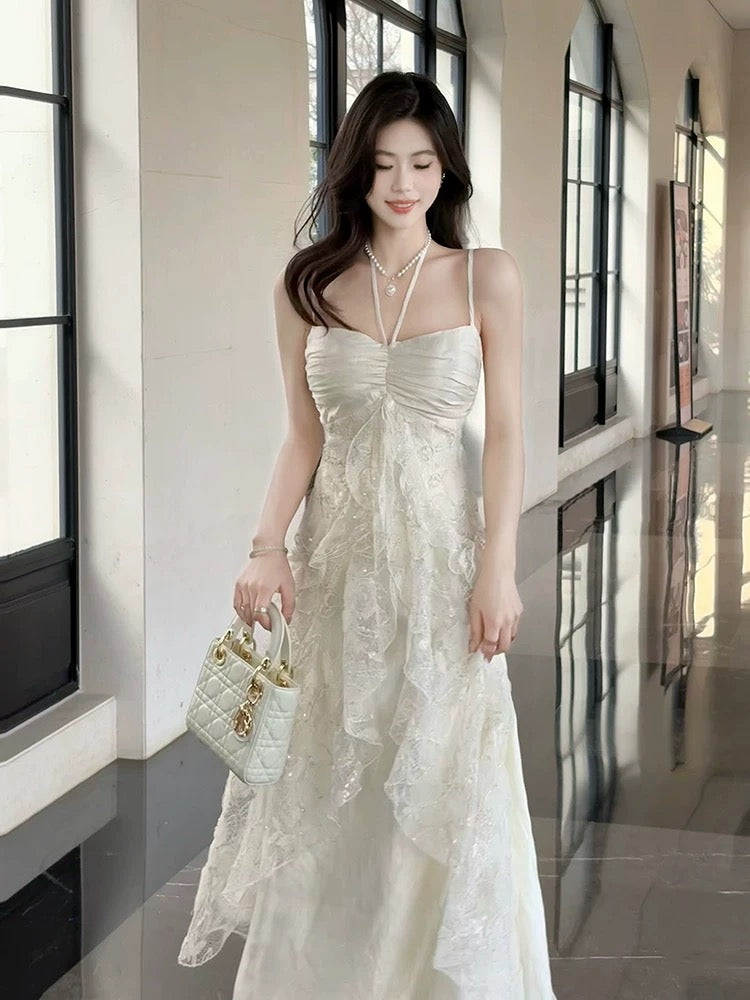 Elegant A line Spaghetti Strap White Lace Full-hem Maxi Semi Formal Garden Date Night Outfit Wedding Guest Dresses RB5038