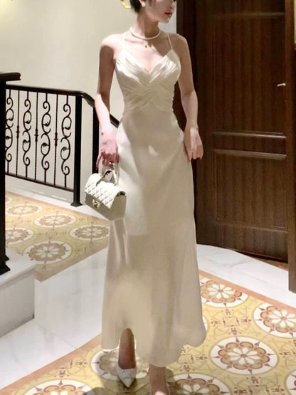 Sexy Mermaid Spaghetti Strap White Chiffon Sleeveless Date Night Outfit Outdoor Semi Formal Long Wedding Guest Dresses RB5039
