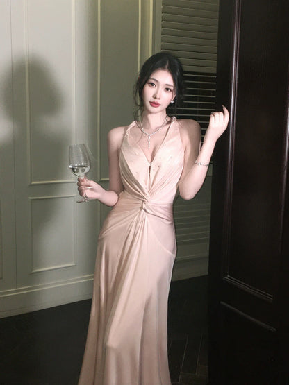 Elegant Mermaid Halter Backless Satin Pink Full-hem Maxi Semi Formal Garden Date Night Outfit Wedding Guest Dresses RB5040