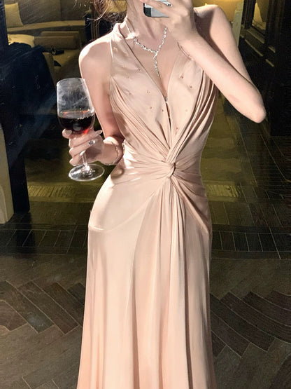 Elegant Mermaid Halter Backless Satin Pink Full-hem Maxi Semi Formal Garden Date Night Outfit Wedding Guest Dresses RB5040