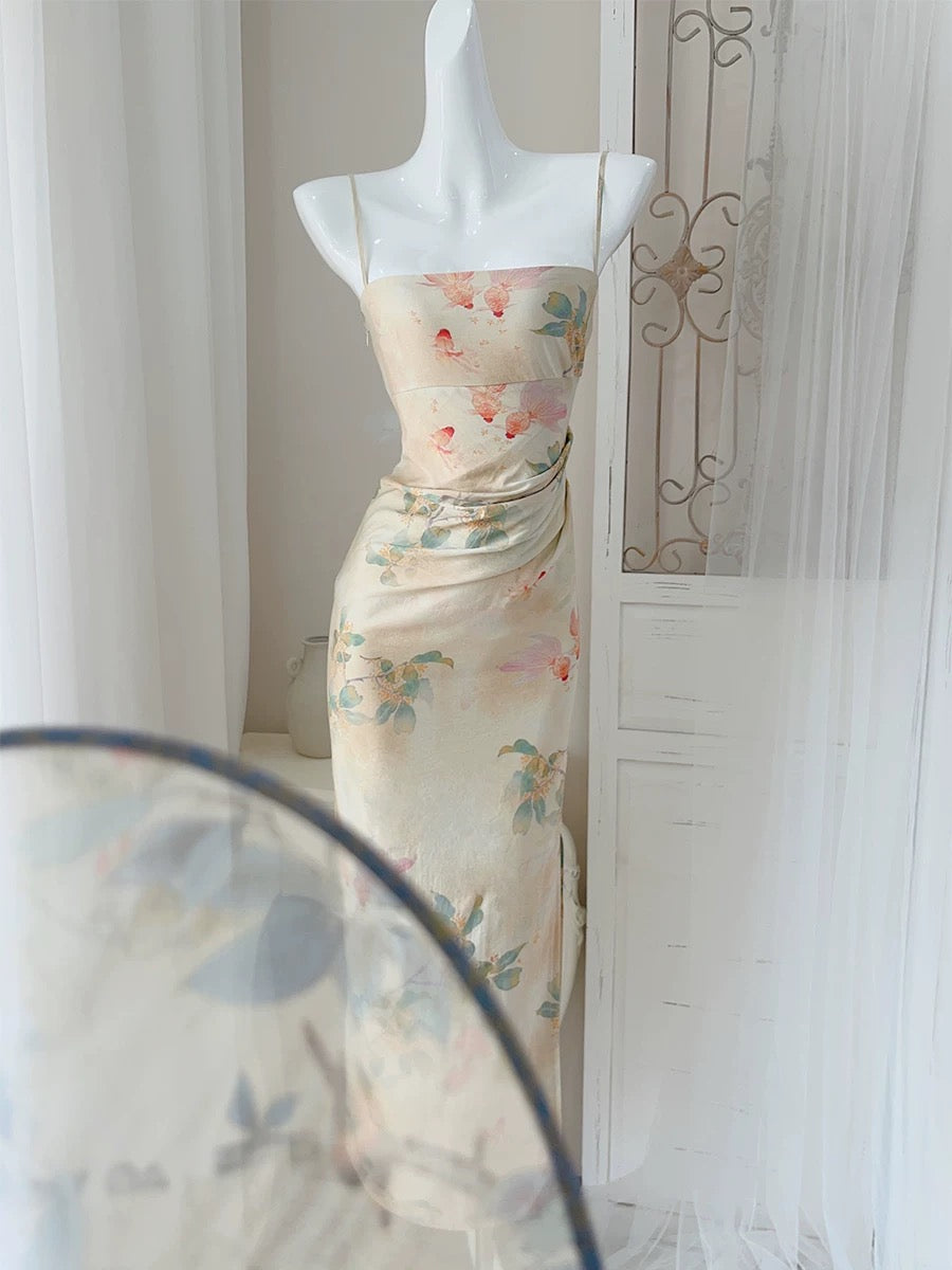 Chic Sheath Spaghetti Strap Floral Sleeveless Date Night Outfit Outdoor Semi Formal Long Wedding Guest Dresses RB5045