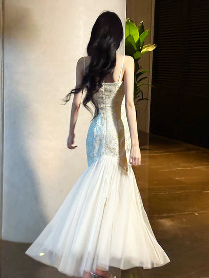 Elegant Mermaid Spaghetti Strap Lace Chiffon Full-hem Maxi Semi Formal Garden Date Night Outfit Wedding Guest Dresses RB5050