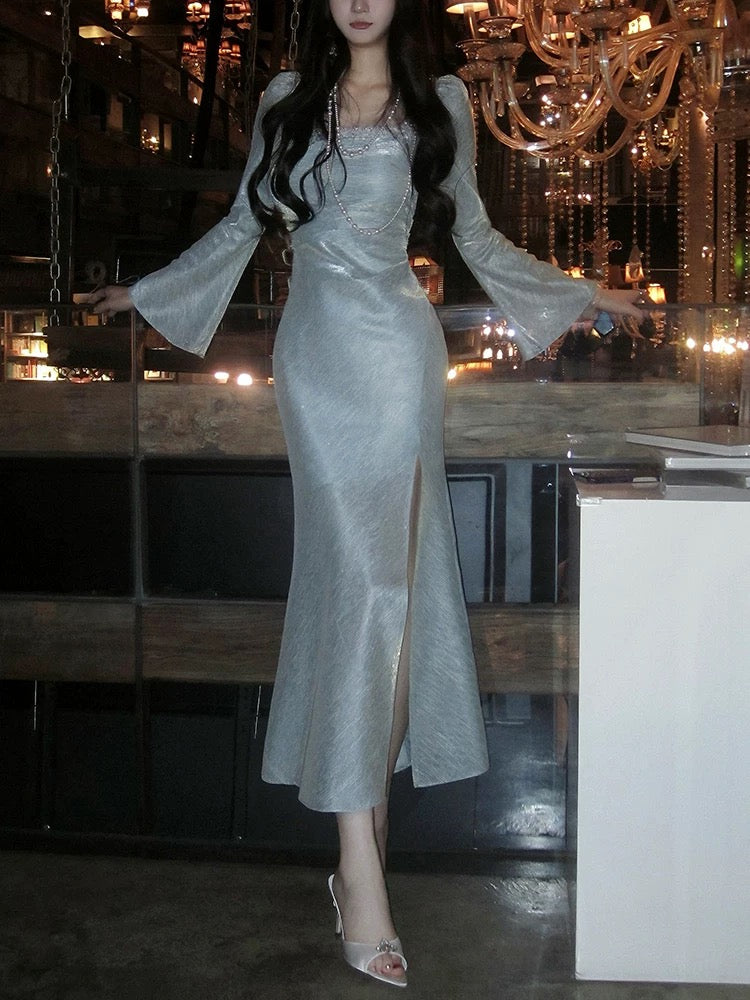 Artistic Mermaid Square Neck Silver Gray Long Sleeves Outdoor Semi Formal Summer Garden Date Night Outfit Wedding Guest Dresses RB5051
