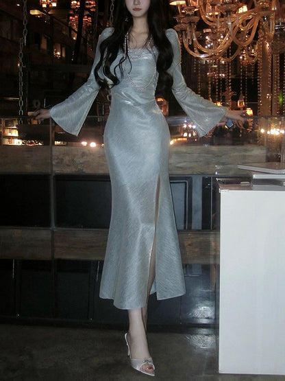 Artistic Mermaid Square Neck Silver Gray Long Sleeves Outdoor Semi Formal Summer Garden Date Night Outfit Wedding Guest Dresses RB5051